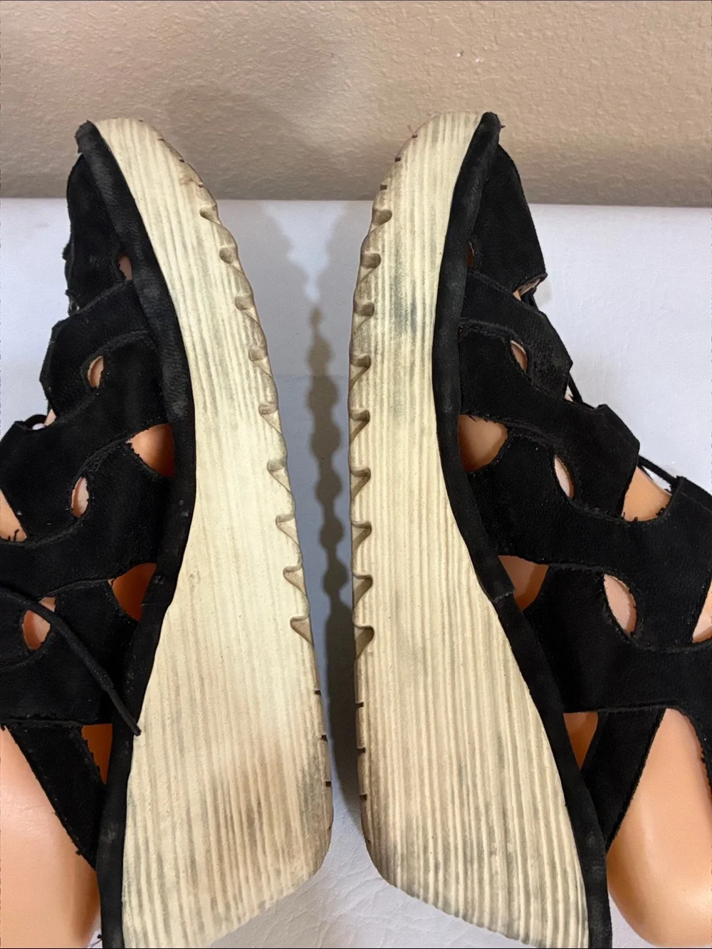 Fly London Black Lace-Up Cutout Wedge Sandals with Cream Platform